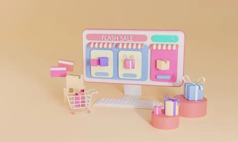 3D rendering flat illustration Online store on mobile application of computer Stock Illustration