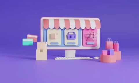 3D rendering flat illustration Online store on mobile application of computer Stock Illustration