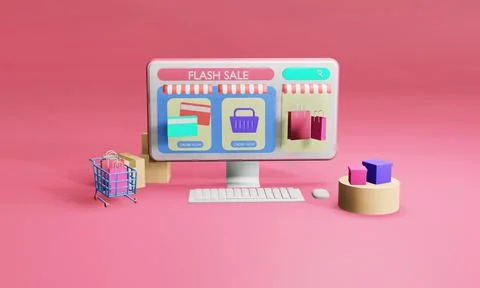 3D rendering flat illustration Online store on mobile application of computer Stock Illustration