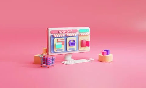 3D rendering flat illustration Online store on mobile application of computer Stock Illustration