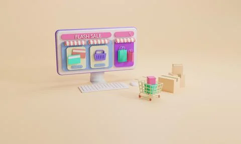 3D rendering flat illustration Online store on mobile application of computer Stock Illustration