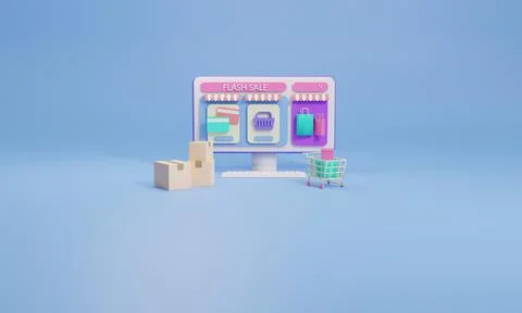 3D rendering flat illustration Online store on mobile application of computer Stock Illustration