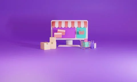 3D rendering flat illustration Online store on mobile application of computer Stock Illustration