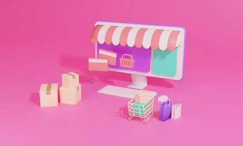 3D rendering flat illustration Online store on mobile application of computer Stock Illustration