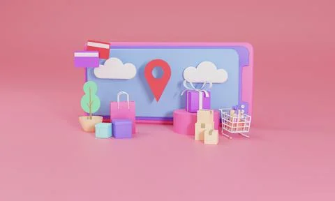 3D rendering flat illustration Online shopping store on mobile application of Stock Illustration