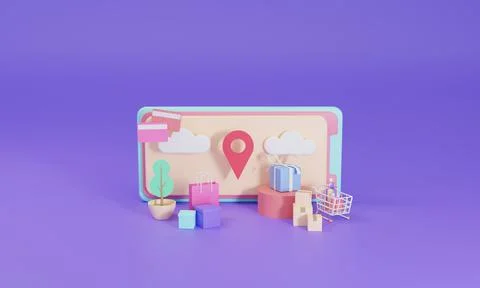 3D rendering flat illustration Online shopping store on mobile application of Stock Illustration