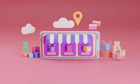 3D rendering flat illustration Online shopping store on mobile application of Stock Illustration