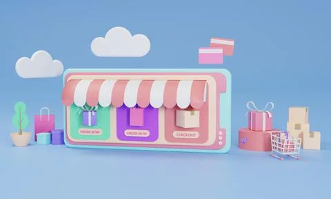 3D rendering flat illustration Online shopping store on mobile application of Stock Illustration