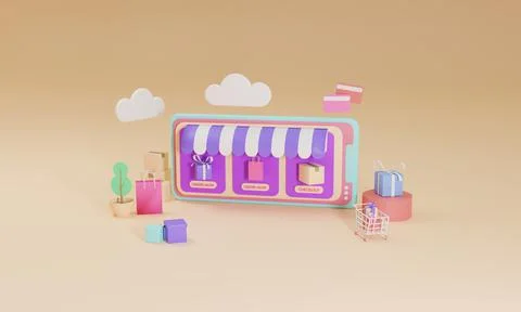 3D rendering flat illustration Online shopping store on mobile application of Stock Illustration