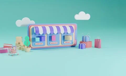 3D rendering flat illustration Online shopping store on mobile application of Stock Illustration