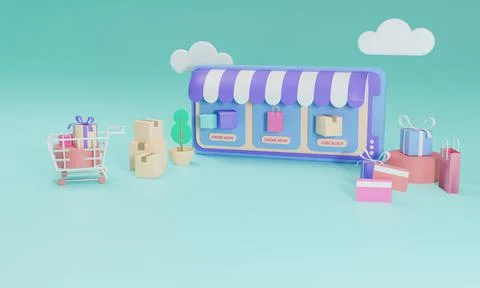 3D rendering flat illustration Online shopping store on mobile application of Illustrazione stock