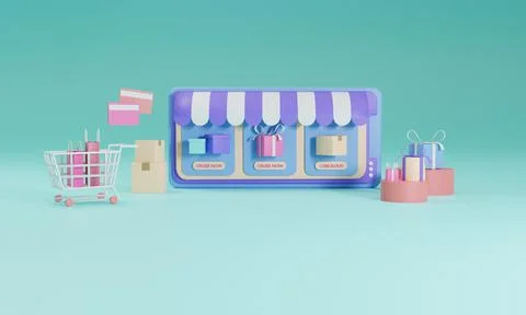 3D rendering flat illustration Online shopping store on mobile application of Stock Illustration