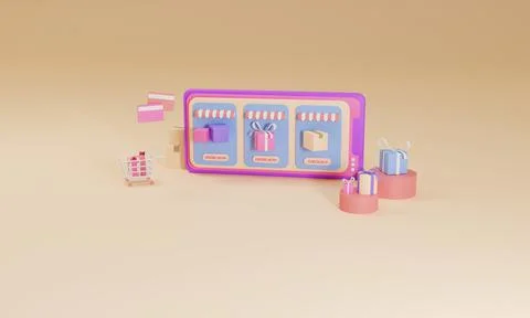 3D rendering flat illustration Online shopping store on mobile application of Stock Illustration