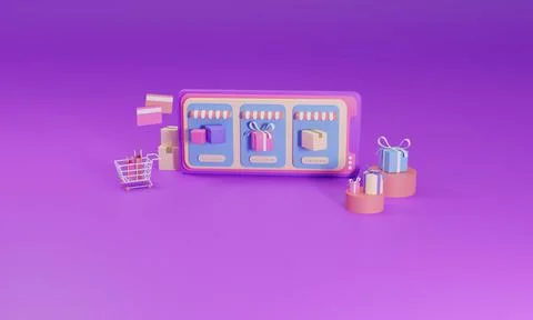 3D rendering flat illustration Online shopping store on mobile application of Stock Illustration