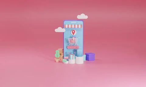 3D rendering flat illustration Online shopping store on mobile application of Illustrazione stock