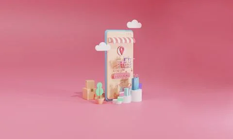 3D rendering flat illustration Online shopping store on mobile application of Stock Illustration