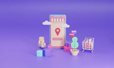 3D rendering flat illustration Online shopping store on mobile application of Stock Illustration