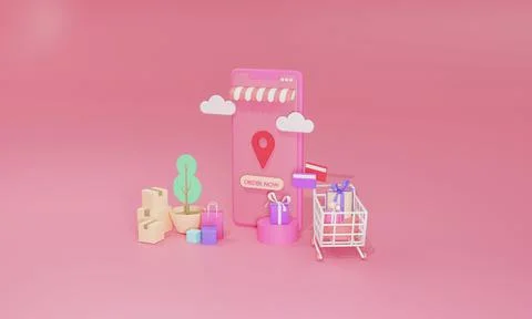 3D rendering flat illustration Online shopping store on mobile application of Stock Illustration