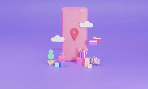 3D rendering flat illustration Online shopping store on mobile application of Stock Illustration