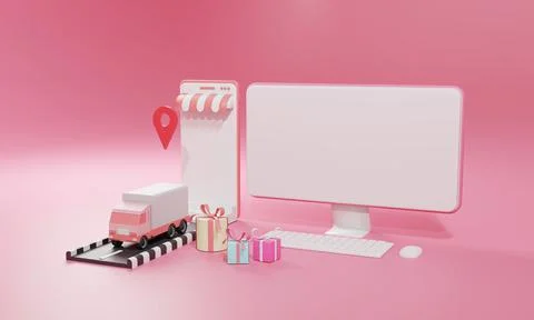 3D rendering flat illustration Online shopping store on mobile application an Stock Illustration