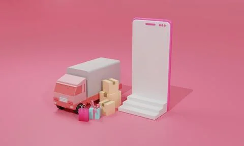 3D rendering flat illustration Online shopping store on mobile application an Stock Illustration