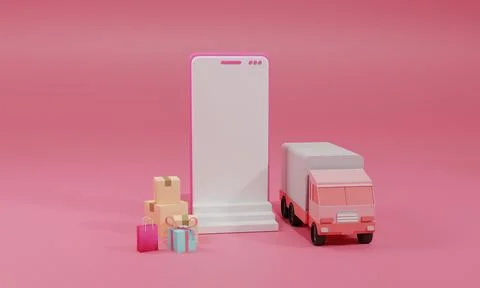 3D rendering flat illustration Online shopping store on mobile application an Stock Illustration