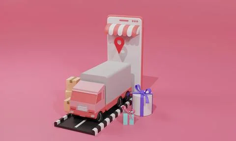 3D rendering flat illustration Online shopping store on mobile application an Stock Illustration