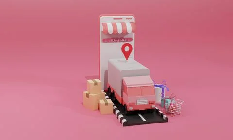 3D rendering flat illustration Online shopping store on mobile application an Stock Illustration