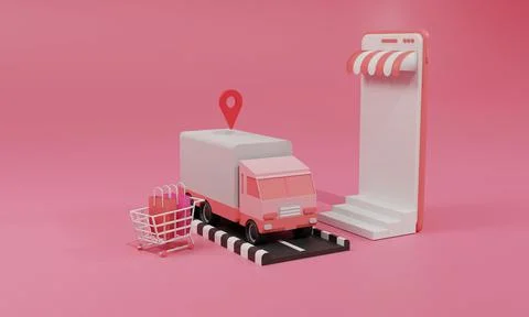 3D rendering flat illustration Online shopping store on mobile application an Stock Illustration