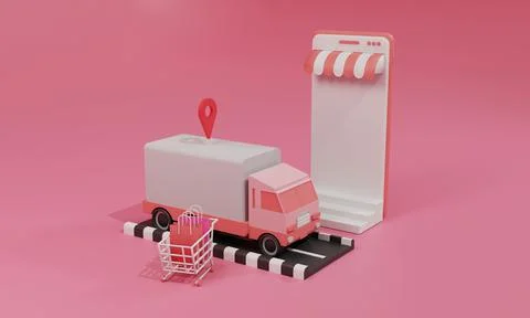 3D rendering flat illustration Online shopping store on mobile application an Stock Illustration