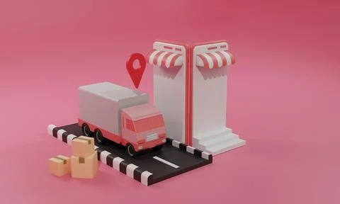 3D rendering flat illustration Online shopping store on mobile application an Stock Illustration