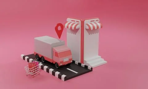 3D rendering flat illustration Online shopping store on mobile application an Stock Illustration