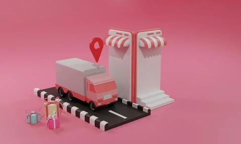 3D rendering flat illustration Online shopping store on mobile application an Stock Illustration