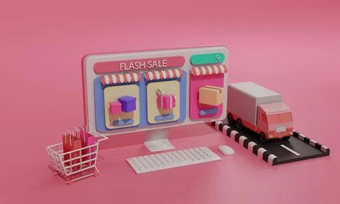 3D rendering flat illustration Online shopping store on mobile application an Stock Illustration