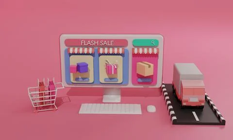 3D rendering flat illustration Online shopping store on mobile application an Stock Illustration