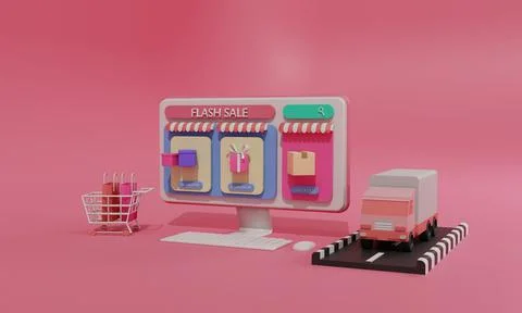 3D rendering flat illustration Online shopping store on mobile application an Stock Illustration