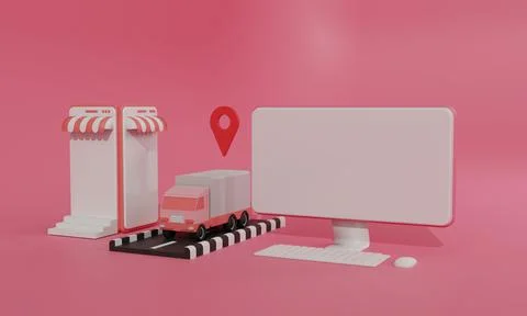 3D rendering flat illustration Online shopping store on mobile application an Stock Illustration