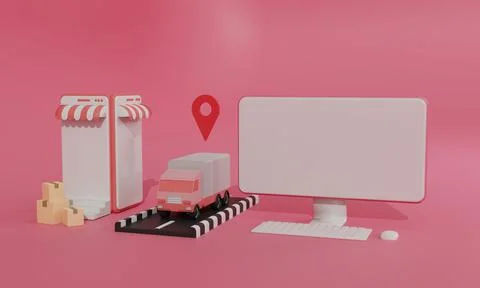 3D rendering flat illustration Online shopping store on mobile application an Stock Illustration