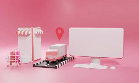 3D rendering flat illustration Online shopping store on mobile application an Stock Illustration