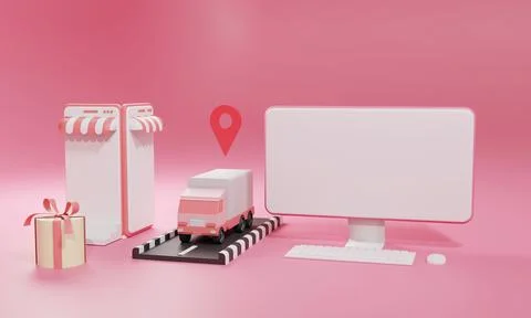 3D rendering flat illustration Online shopping store on mobile application an Stock Illustration