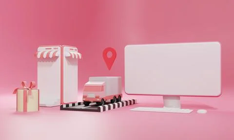 3D rendering flat illustration Online shopping store on mobile application an Stock Illustration