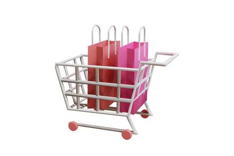 3D rendering flat illustration trolley and shopping bag. Premium illustration Stock Illustration