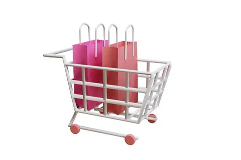 3D rendering flat illustration trolley and shopping bag. Premium illustration Stock Illustration