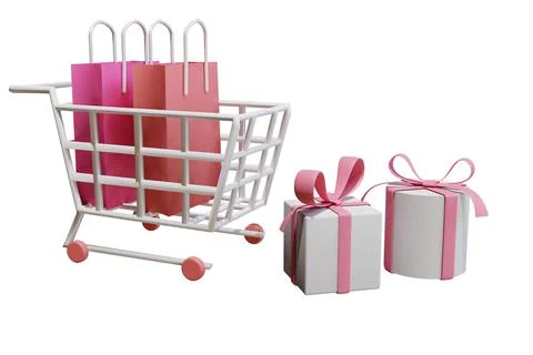 3D rendering flat illustration trolley and shopping bag. Premium illustration Stock Illustration