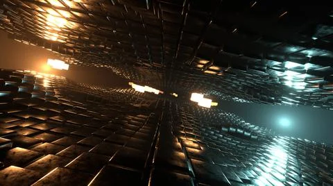 3D Rendering. Flight in abstract sci-fi tunnel. Futuristic motion graphics, h Stock Illustration