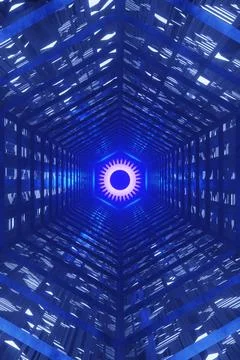 3D Rendering. Flight in abstract sci-fi tunnel. Futuristic motion graphics, h Illustrazione stock