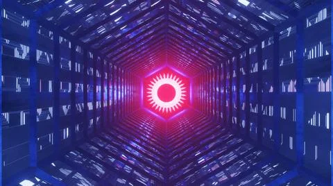 3D Rendering. Flight in abstract sci-fi tunnel. Futuristic motion graphics, h Stock Illustration