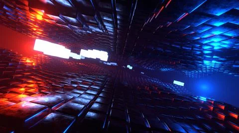3D Rendering. Flight in abstract sci-fi tunnel. Futuristic motion graphics, h Stock Illustration