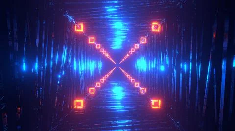 3D Rendering. Flight in abstract sci-fi tunnel. Futuristic motion graphics, h Stock Illustration