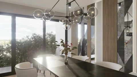 3d-rendering. The flight of the camera through the dining room and kitchen Stock Footage 234061396